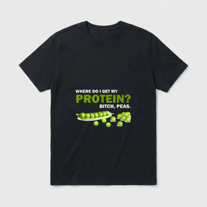 Bitch Peas Funny Vegetarian T-Shirt – Green peas in a pod with text asking about protein sources – Classic T-Shirt in Black