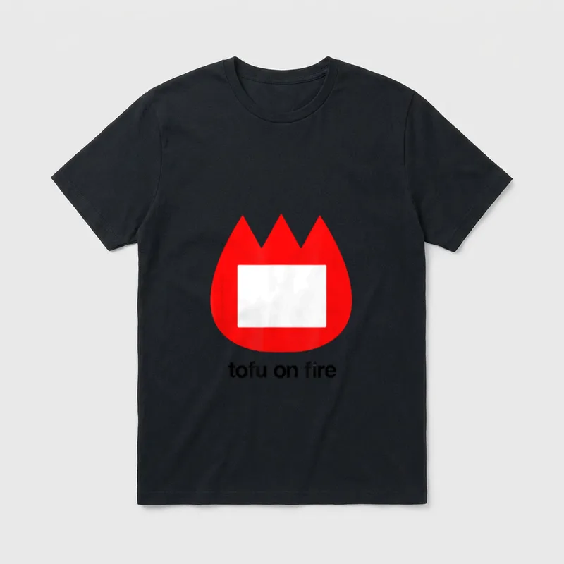 Tofu on Fire Vegan Pun Shirts T-Shirt – White tofu block inside red flame with text tofu on fire – Classic T-Shirt in Black