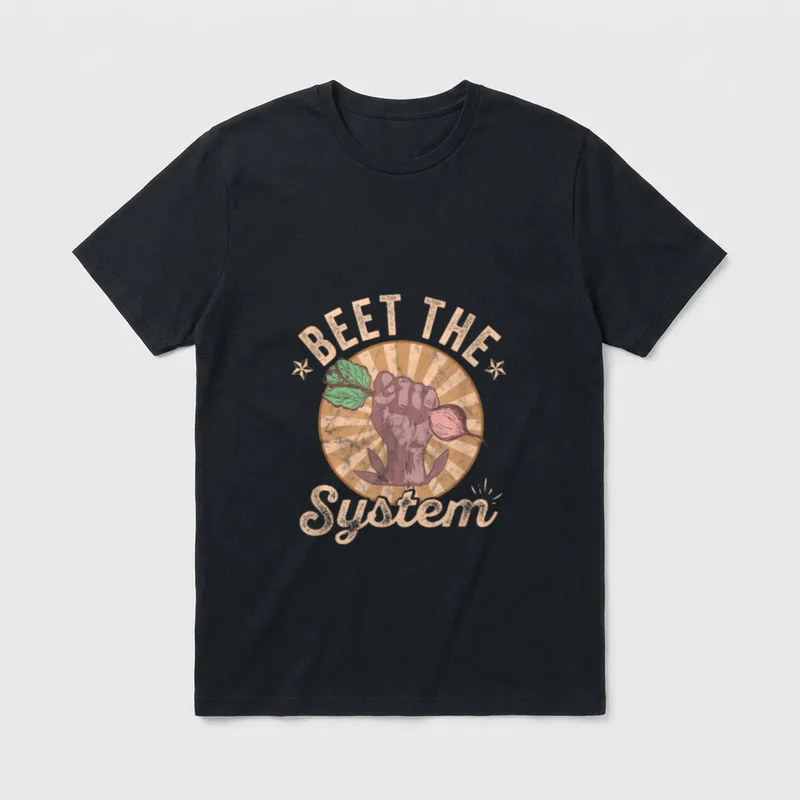 Beet the System Funny T-Shirt – Retro fist holding a beet with text Beet the System – Classic T-Shirt in Black