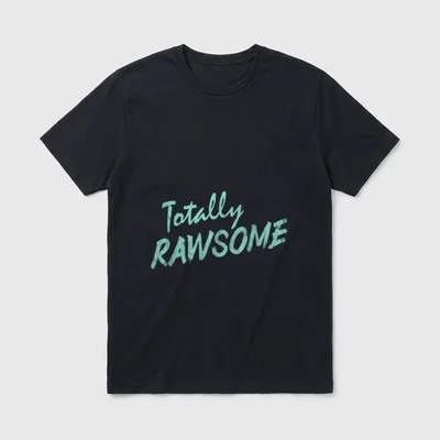 Funny Raw Food Pun T-Shirt – Teal brush script text reading Totally RAWSOME on grey background – Classic T-Shirt in Black