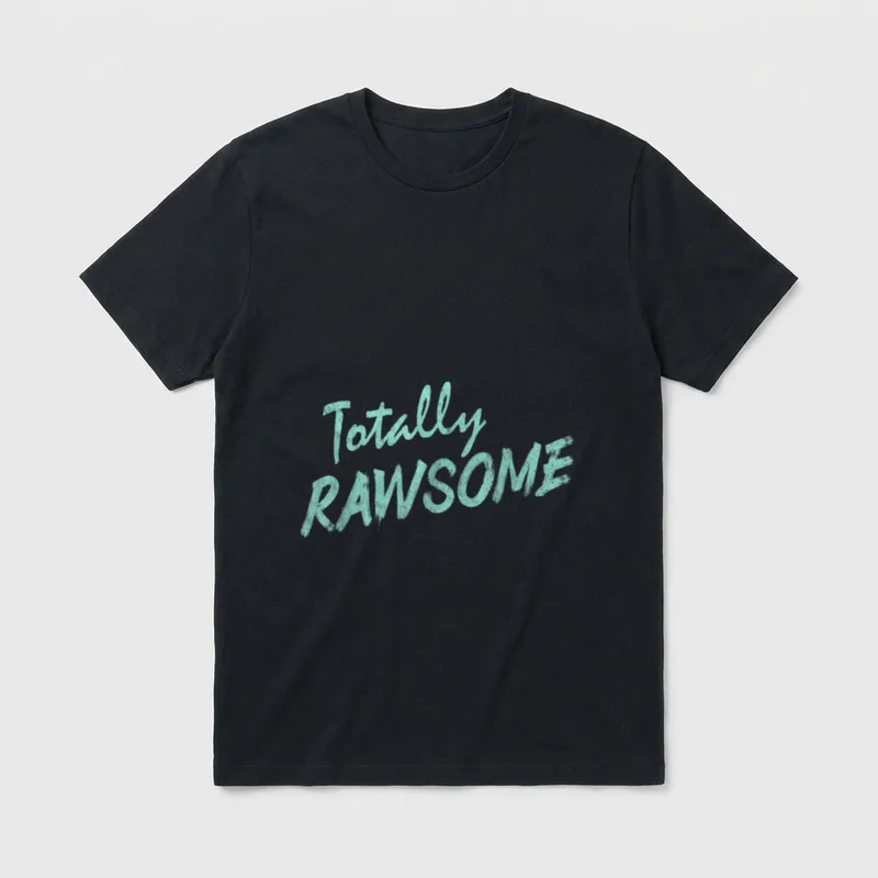 Funny Raw Food Pun T-Shirt – Teal brush script text reading Totally RAWSOME on grey background – Classic T-Shirt in Black