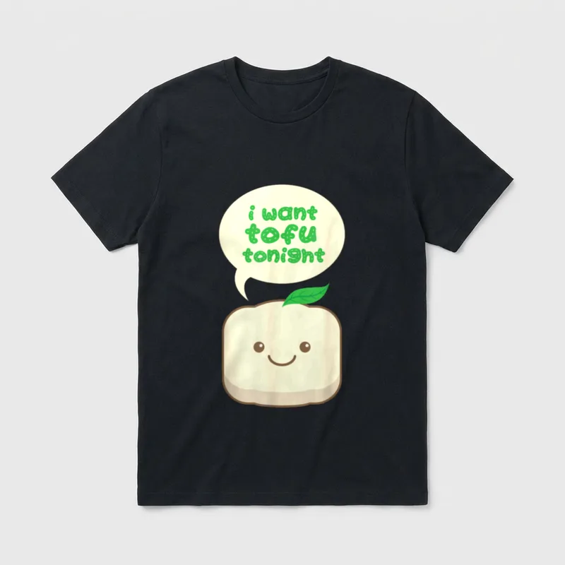 Tofu I Want Tofu T-Shirt – Smiling tofu block with speech bubble text i want tofu tonight – Classic T-Shirt in Black