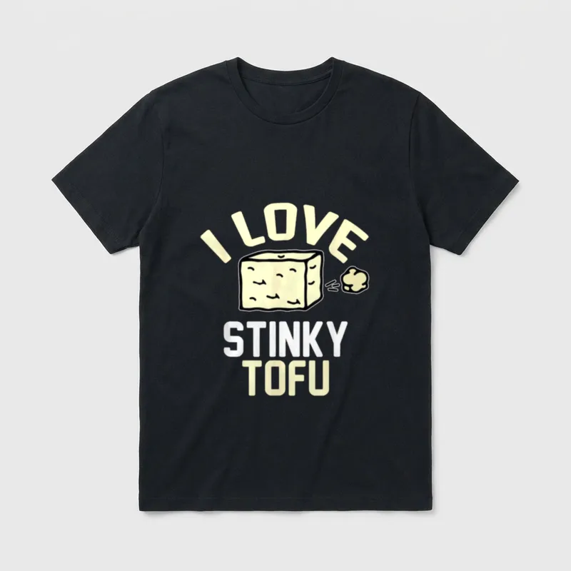 I Love Stinky Tofu T-Shirt – Cartoon tofu block with aroma cloud and text I Love Stinky Tofu – Classic T-Shirt in Black