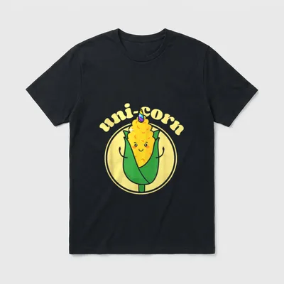 Funny Pun Uni Corn T-Shirt – Smiling corn cob with rainbow horn and text uni-corn – Classic T-Shirt in Black