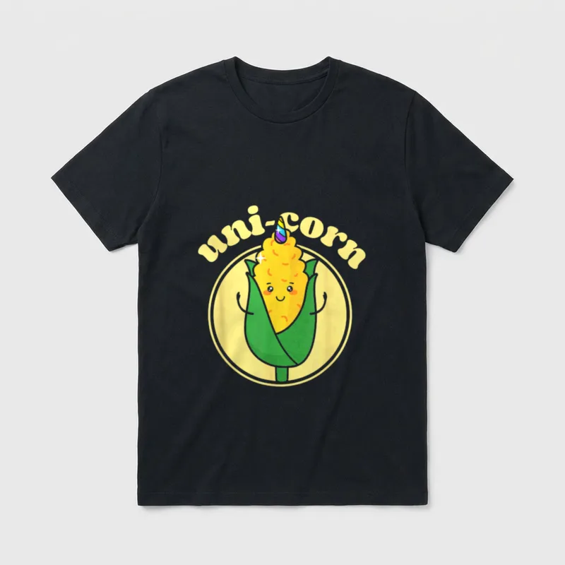 Funny Pun Uni Corn T-Shirt – Smiling corn cob with rainbow horn and text uni-corn – Classic T-Shirt in Black