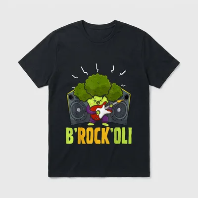 B-Rock-Oli Broccoli Vegan Pun T-Shirt – Cartoon broccoli playing red guitar with B'ROCK'OLI text – Classic T-Shirt in Black