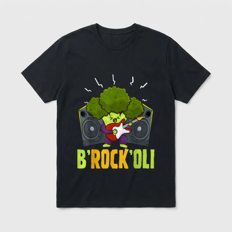 B-Rock-Oli Broccoli Vegan Pun T-Shirt – Cartoon broccoli playing red guitar with B'ROCK'OLI text – Classic T-Shirt in Black