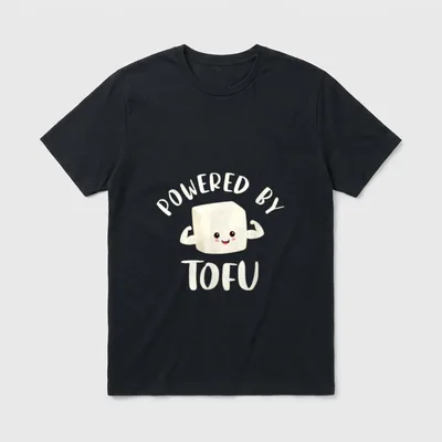 Powered By Tofu Vegan For Plant T-Shirt – Cute flexing tofu block illustration with arched text – Classic T-Shirt in Black