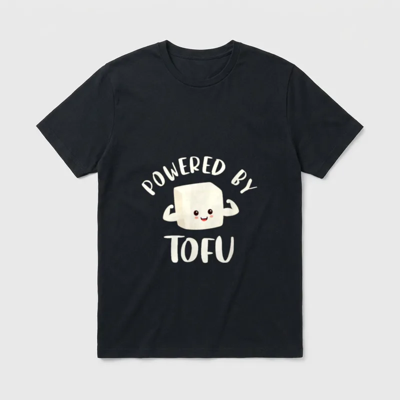 Powered By Tofu Vegan For Plant T-Shirt – Cute flexing tofu block illustration with arched text – Classic T-Shirt in Black