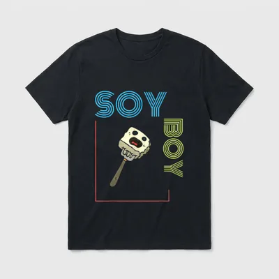 Soy Boy Funny T-Shirt – Retro striped SOY BOY text framing a sponge slice on a spatula – Classic T-Shirt in Black