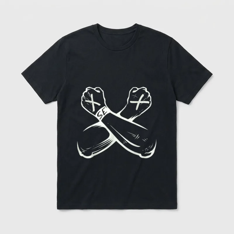 Straight Edge Vegan Punk T-Shirt – Two crossed fists with X marks and SE tattoo on wrist – Classic T-Shirt in Black