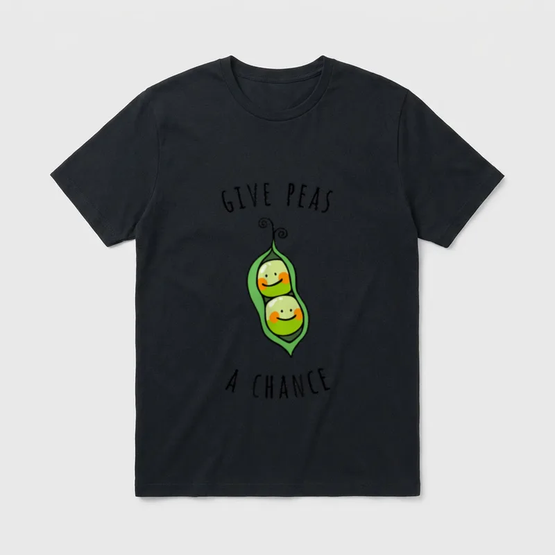 Give Peas A Chance Vegan Peace T-Shirt – Smiling peas in a green pod with Give Peas A Chance text – Classic T-Shirt in Black