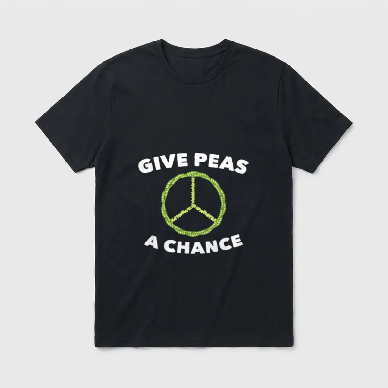 Give Peas A Chance Funny T-Shirt – Peace symbol formed by green peas with Give Peas A Chance text – Classic T-Shirt in Black