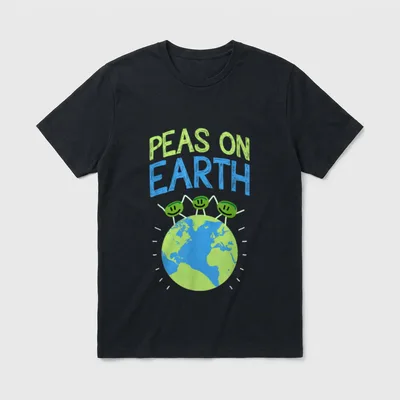Peas On Earth T-Shirt – Three smiling pea aliens on a globe under PEAS ON EARTH text – Classic T-Shirt in Black
