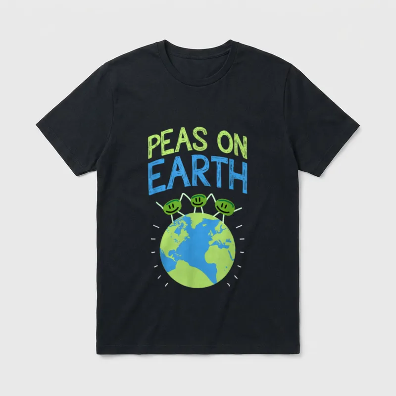Peas On Earth T-Shirt – Three smiling pea aliens on a globe under PEAS ON EARTH text – Classic T-Shirt in Black