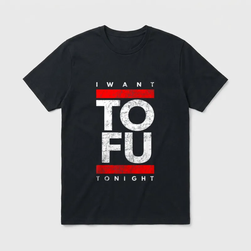 Retro s Tofu T-Shirt – Distressed white text I WANT TOFU TONIGHT with red bars on grey background – Classic T-Shirt in Black