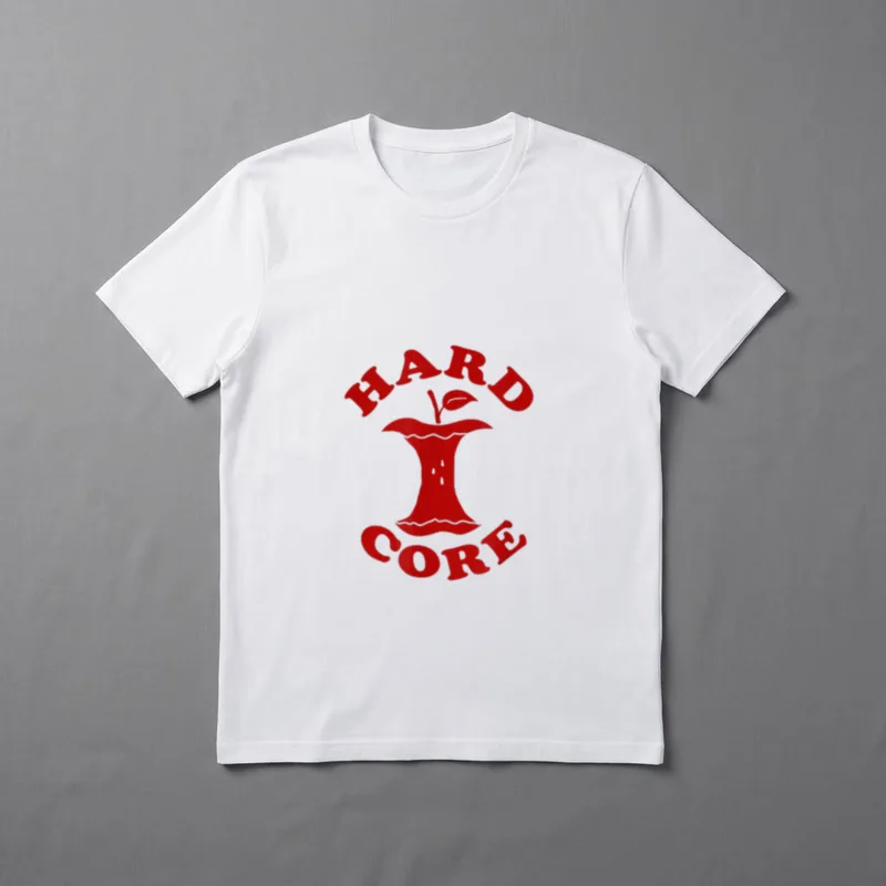 Hardcore Apple Food Pun T-Shirt – Red apple core graphic with HARDCORE text arched above and below – Classic T-Shirt in Black