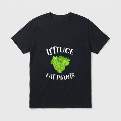 Lettuce Eat Plants T-Shirt – Green lettuce illustration with white text reading LETTUCE EAT PLANTS – Classic T-Shirt in Black