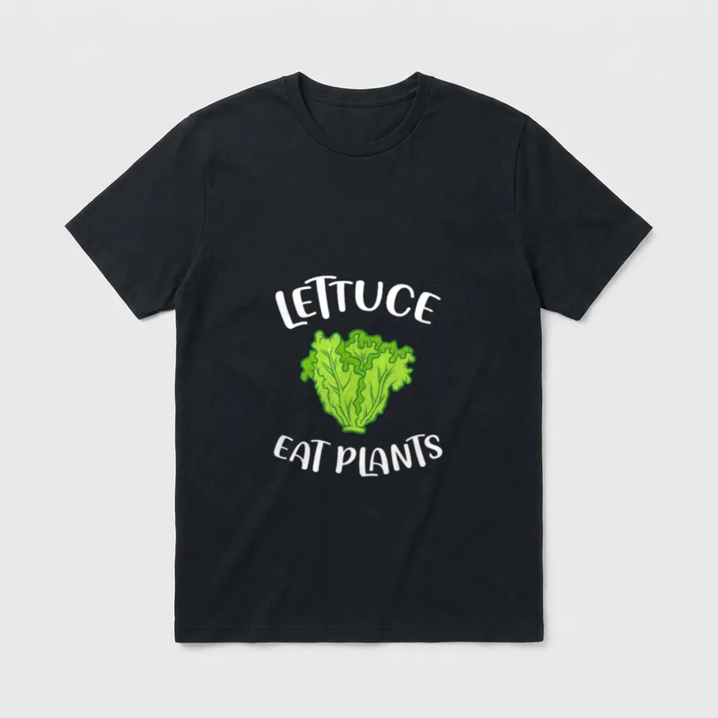 Lettuce Eat Plants T-Shirt – Green lettuce illustration with white text reading LETTUCE EAT PLANTS – Classic T-Shirt in Black
