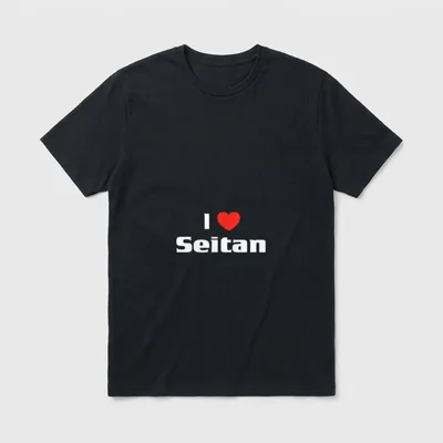 I Love Seitan Funny T-Shirt – Red heart symbol and white Seitan text on grey background – Classic T-Shirt in Black