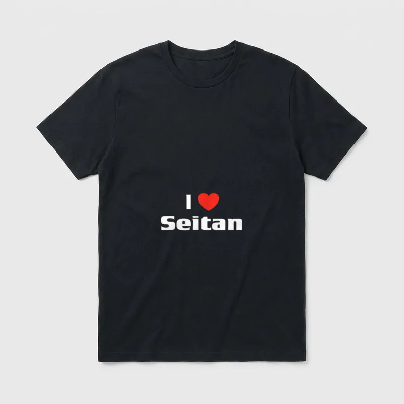 I Love Seitan Funny T-Shirt – Red heart symbol and white Seitan text on grey background – Classic T-Shirt in Black
