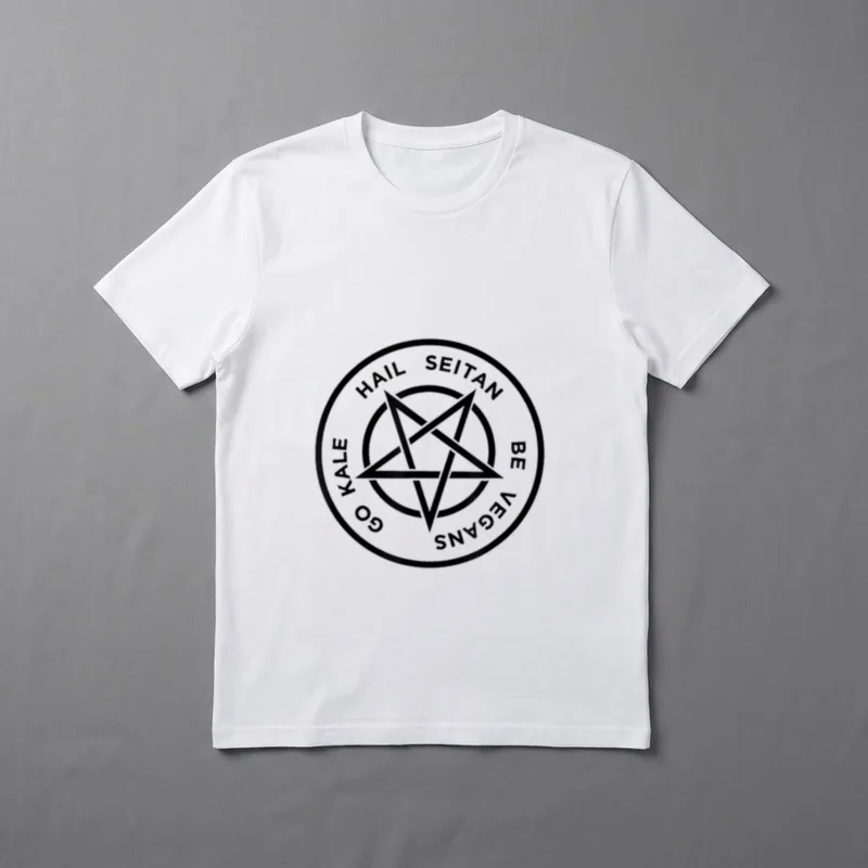 Fun Hail Seitan Vegan Vegetarian T-Shirt – Pentagram logo with text Hail Seitan Be Vegans Go Kale – Classic T-Shirt in Black