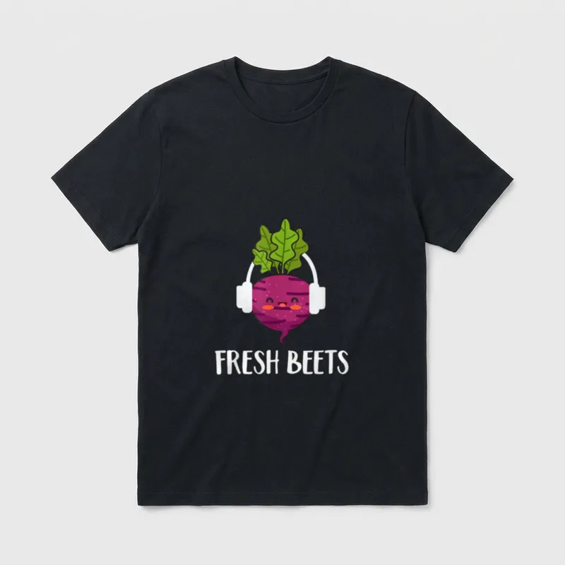 Funny Fresh Beets Cool T-Shirt – A cartoon beet with headphones and the text FRESH BEETS – Classic T-Shirt in Black