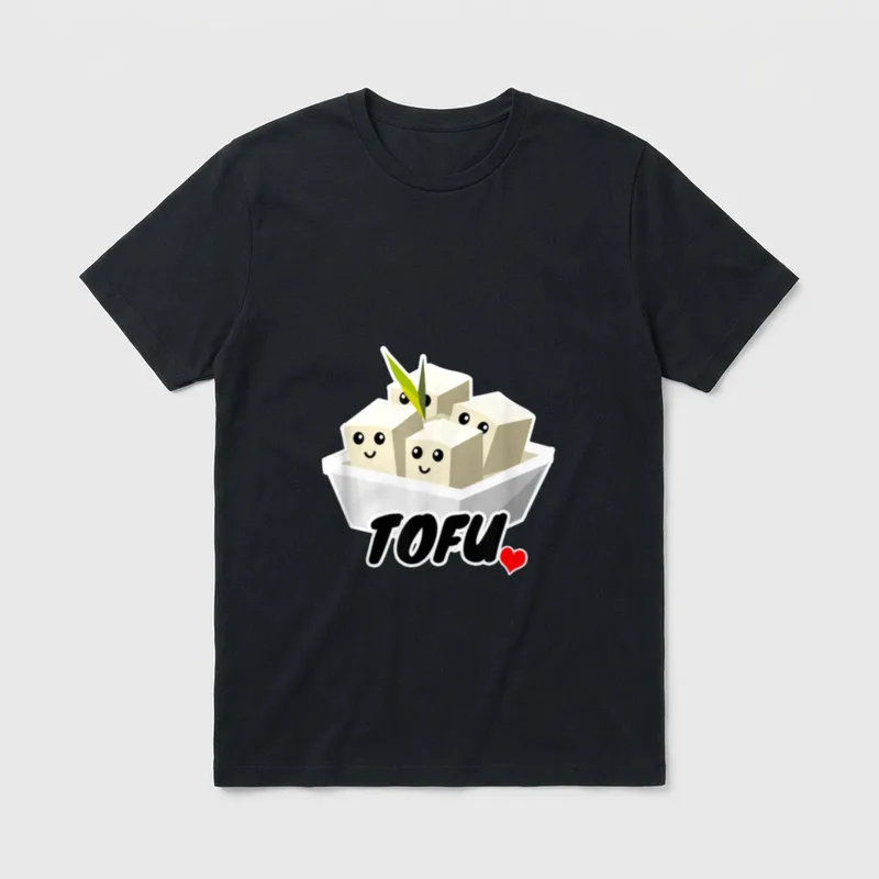 Cute Tofu Vegan Pun Shirts T-Shirt – Smiling tofu cubes in a tub with TOFU text and red heart – Classic T-Shirt in Black