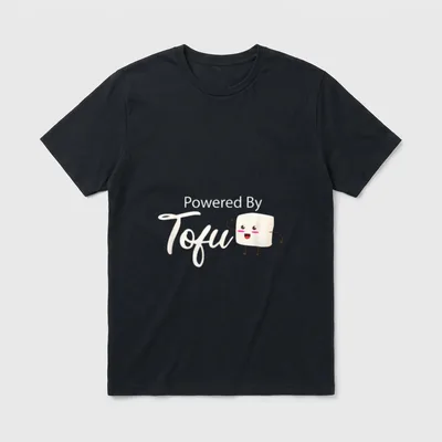 Vegan Powered By Tofu T-Shirt – A smiling tofu cube flexing an arm next to script text – Classic T-Shirt in Black