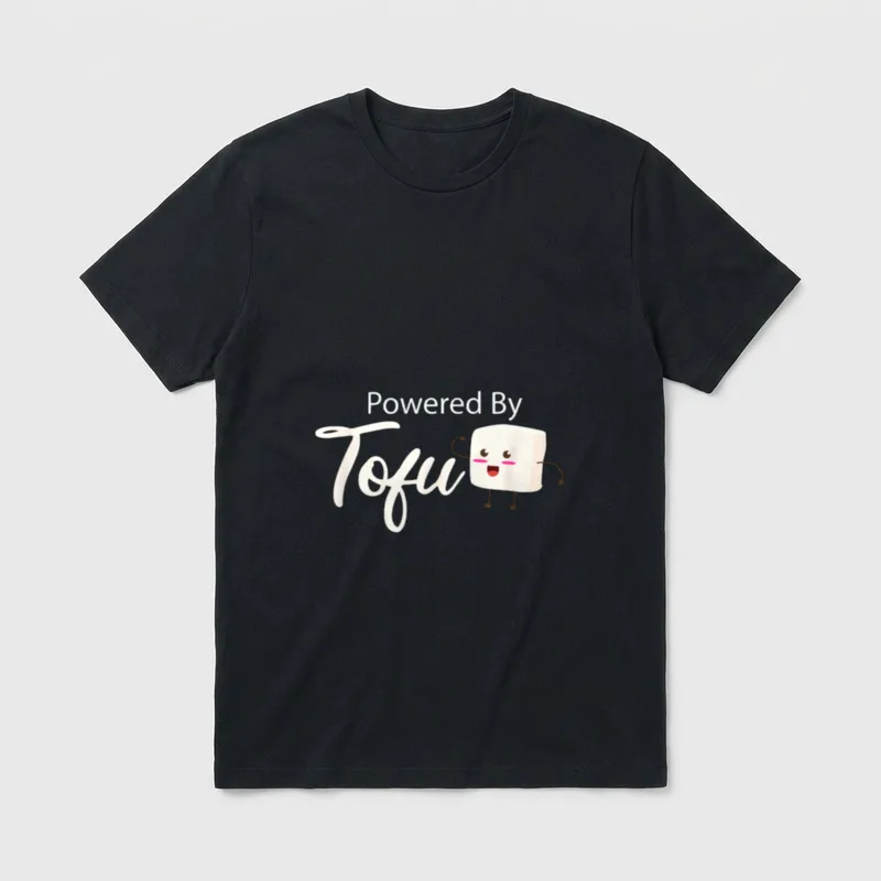 Vegan Powered By Tofu T-Shirt – A smiling tofu cube flexing an arm next to script text – Classic T-Shirt in Black