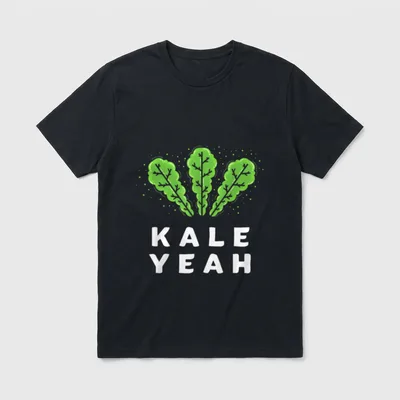 Kale Yeah Funny Vegan Word T-Shirt – Three green kale leaves above white KALE YEAH text – Classic T-Shirt in Black