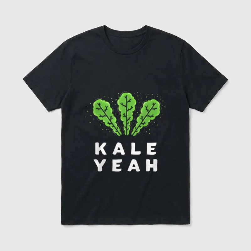 Kale Yeah Funny Vegan Word T-Shirt – Three green kale leaves above white KALE YEAH text – Classic T-Shirt in Black