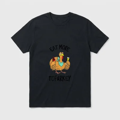 Eat More Tofurkey Funny T-Shirt – Cartoon turkey holding beer and wine with Eat More Tofurkey text – Classic T-Shirt in Black