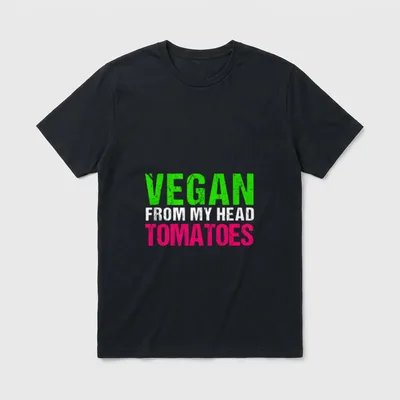 Funny Pun Vegan Novelty T-Shirt – Vegan From My Head Tomatoes text art in green white and pink – Classic T-Shirt in Black