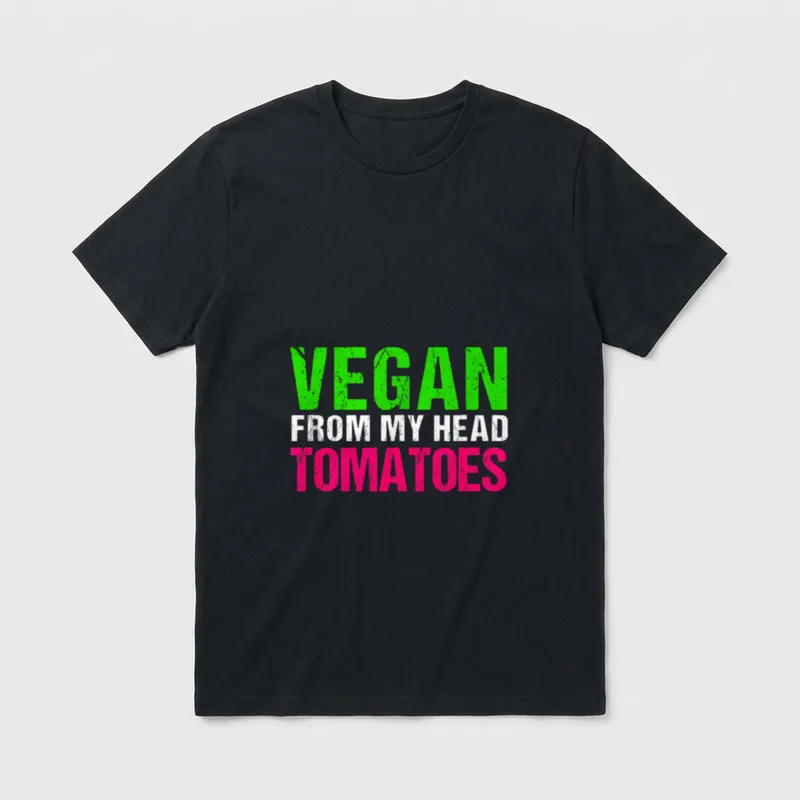 Funny Pun Vegan Novelty T-Shirt – Vegan From My Head Tomatoes text art in green white and pink – Classic T-Shirt in Black