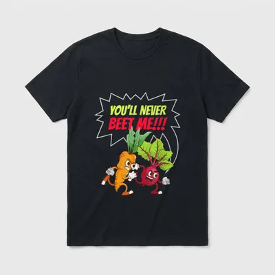 Funny Vegan Vegetables Food T-Shirt – Boxing carrot and beet with text YOU'LL NEVER BEET ME!!! – Classic T-Shirt in Black