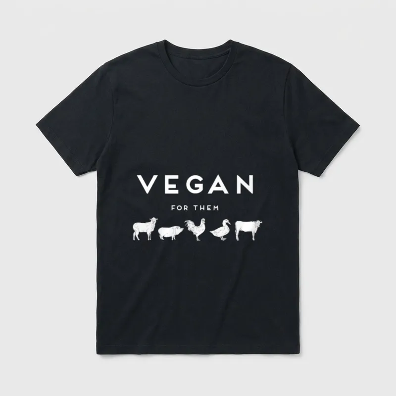 Vegan For Them T-Shirt – VEGAN FOR THEM printed above five white line-drawn farm animals – Classic T-Shirt in Black