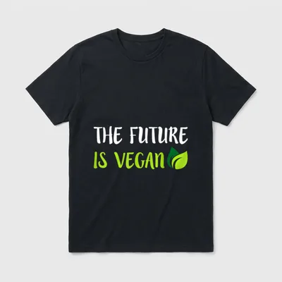 The Future T-Shirt – Text reading THE FUTURE IS VEGAN next to a two-tone green leaf icon – Classic T-Shirt in Black