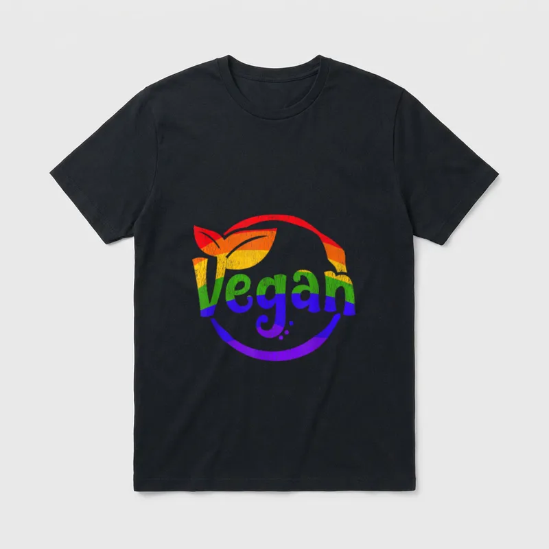 Gay Pride Vegan LGBTQ T-Shirt – Rainbow striped word Vegan with a leaf on top – Classic T-Shirt in Black