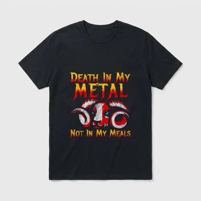 Death Metal Vegan Music T-Shirt – Ram skull graphic with Death In My Metal Not In My Meals text – Classic T-Shirt in Black