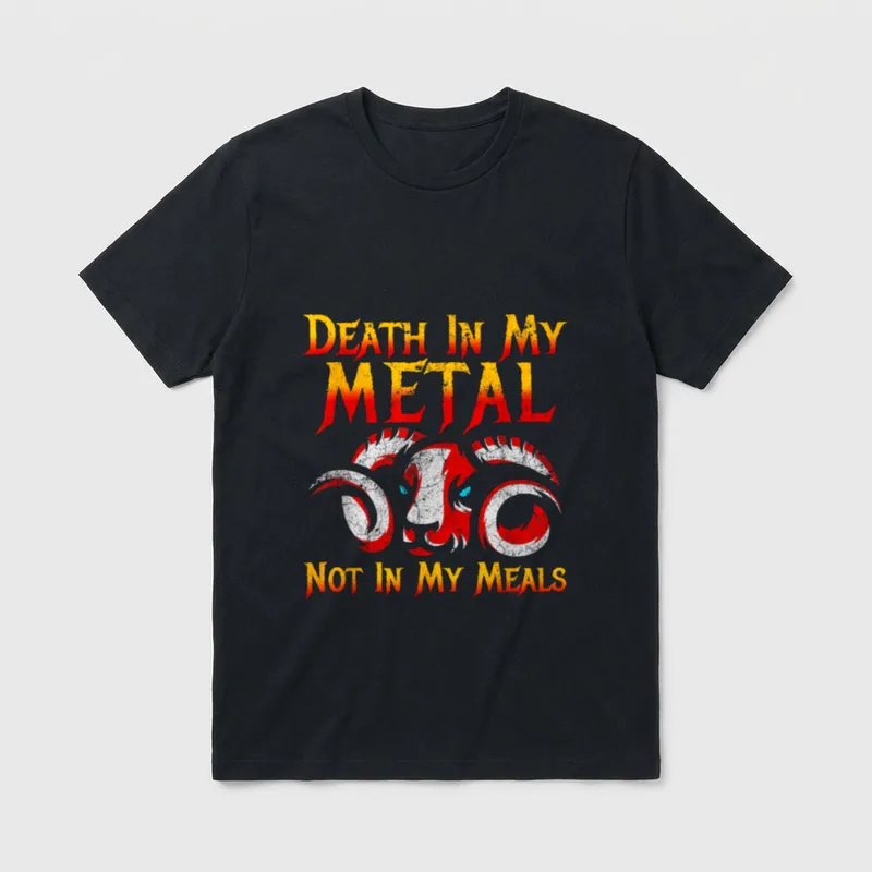 Death Metal Vegan Music T-Shirt – Ram skull graphic with Death In My Metal Not In My Meals text – Classic T-Shirt in Black