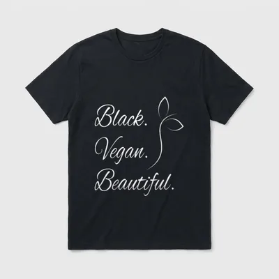 Black Vegan T-Shirt – White cursive text reading Black Vegan Beautiful with a sprout icon – Classic T-Shirt in Black