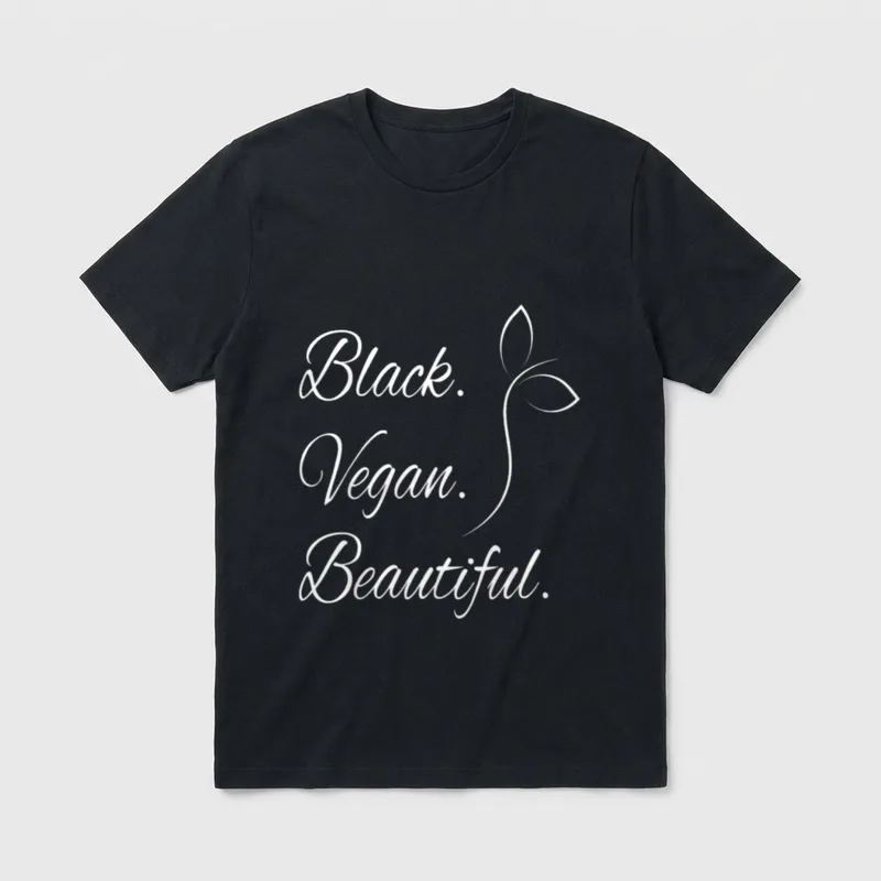 Black Vegan T-Shirt – White cursive text reading Black Vegan Beautiful with a sprout icon – Classic T-Shirt in Black