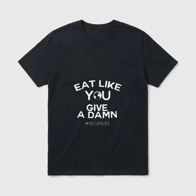 Vegan Eat T-Shirt – White text Eat Like You Give a Damn with globe icon and veganlife hashtag – Classic T-Shirt in Black
