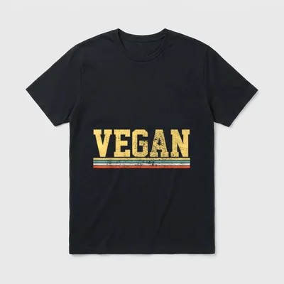 Vegan Makes T-Shirt – Retro VEGAN text with yellow teal white and orange stripes – Classic T-Shirt in Black