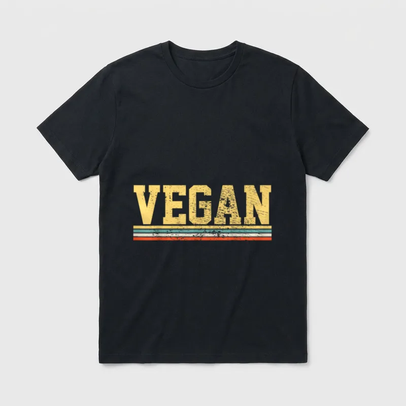 Vegan Makes T-Shirt – Retro VEGAN text with yellow teal white and orange stripes – Classic T-Shirt in Black