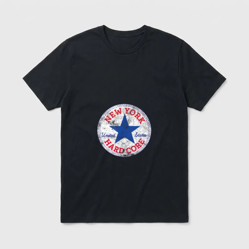 New York HARD CORE T-Shirt – Distressed white patch with blue star and red New York Hard Core text – Classic T-Shirt in Black