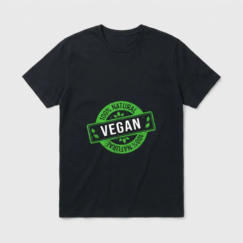 Vegan for Men Vegan T-Shirt – Green stamp graphic reading VEGAN 100% NATURAL with small leaf icons – Classic T-Shirt in Black