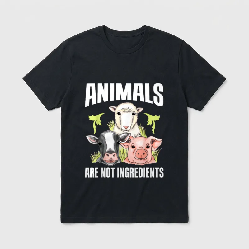 Veganism Animals T-Shirt – Text Animals Are Not Ingredients above sheep cow and pig faces in grass – Classic T-Shirt in Black
