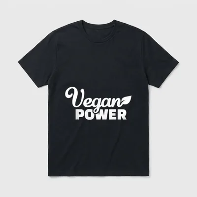 Vegan Power Vegetarian T-Shirt – White Vegan Power text with leaf flourish on grey background – Classic T-Shirt in Black